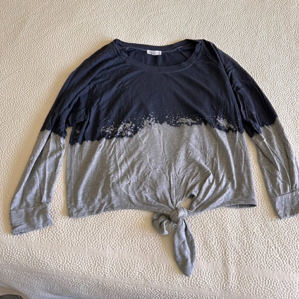 Socialite Distressed Tie Front Sweatshirt Blue and Grey Sz L
